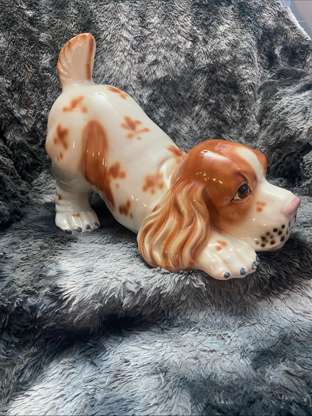 Large Ceramic Cocker Spaniel - White and Brown Puppy 14 inches long